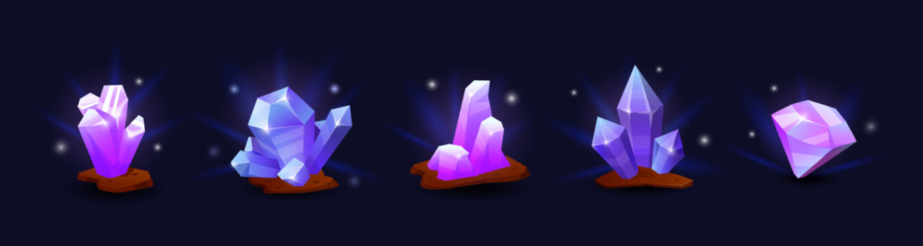 Crystal game. Stone gem. Diamond magic, gemstone purple. Icon cartoon jewel. Texture of shiny rock. Glowing shape in fantasy cave, mineral treasures. UI isolated elements. Vector jewellery tidy piece