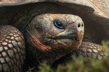 Obraz premium Close-up of a giant tortoise's textured head and part of its ancient shell in nature