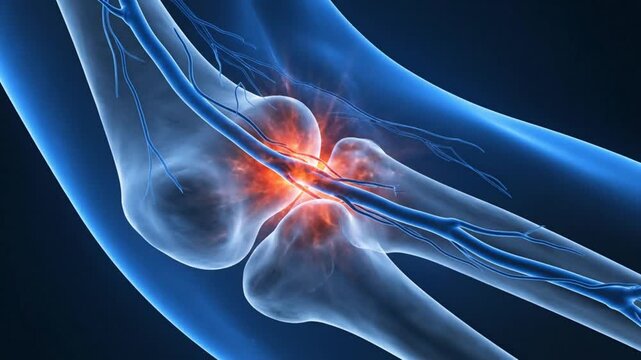 Medical Illustration of Elbow Joint Showing Inflammation and Pain.