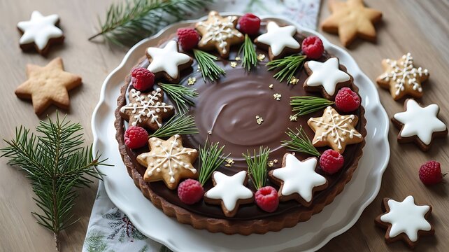 Delicious chocolate tart decorated with christmas cookies and fresh raspberries