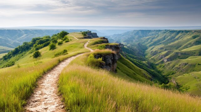 A stunning landscape with rolling hills, a winding path, and lush greenery under a bright sky, showcasing nature's beauty and tranquility.