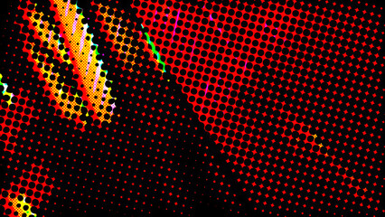 Vibrant abstract halftone dots pattern in high-contrast red, black, and yellow creating a dynamic comic book glitch effect for edgy digital art or music event flyer