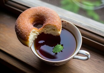 A moment of sweet bliss Golden donut with a bite perched on a dark tea cup near a bright window