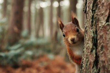 Obraz premium A cute red squirrel peeking from behind a tree trunk in a soft focus, misty forest