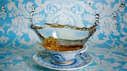 A splash of tea erupts from a delicate blue and white porcelain teacup and saucer against a patterned background 4k video - Powered by Adobe