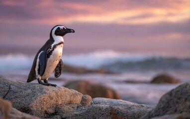 Naklejka premium An African penguin stands on sunlit rocks by the ocean as the sky glows at dawn