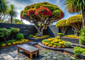 Obraz premium Serene Tropical Garden Retreat: Minimalist Design, Dragon Tree & Stone Path