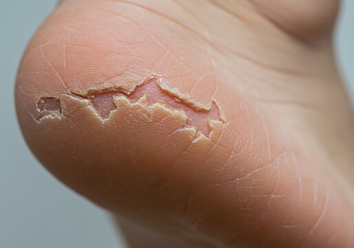 Close-up of dry cracked skin on a human heel showing peeling and flaking texture.