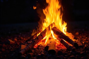Roaring Bonfire at Night Intense Flames and Glowing Embers, Perfect for Autumn or Winter Themes