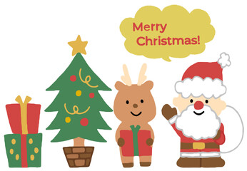 シンプルで可愛いサンタさんとトナカイとクリスマスツリーのイラスト