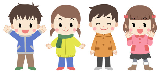 冬服を着た4人の可愛い子供たちのアイコンイラスト
