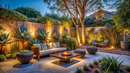 Fototapeta premium Tranquil Minimalist Shade Garden with Paperbark Maple & Rattan Lounge Set - Blue Hour Photography
