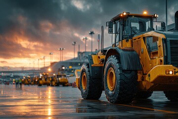 Heavy Machinery on the Horizon: A fleet of robust, yellow heavy machines stands ready against a dramatic, colorful sky, suggesting industry and hard work.