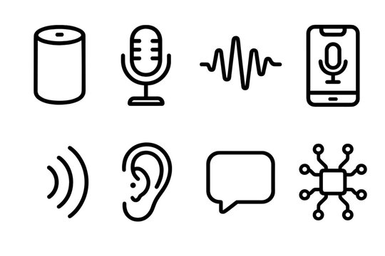 Voice Assistants outline icon set: smart speaker, mic, waveform, phone with voice app, sound lines, ear, chat bubble, circuit board. , , High resolution, sharp vector-like
