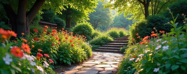 Sun-Dappled Stone Path Winding Through a Lush Garden Oasis Tranquil Escape