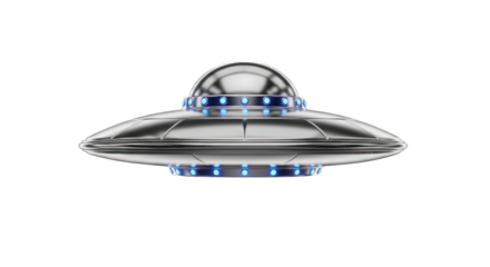 Shiny Silver UFO Flying Saucer with Blue Glowing Lights Isolated on Transparent Background - Futuristic 3D Render.
