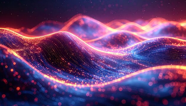 Abstract digital artwork depicts undulating waves of luminous particles, glowing with orange and blue light, suggesting energy flow in space - Powered by Adobe
