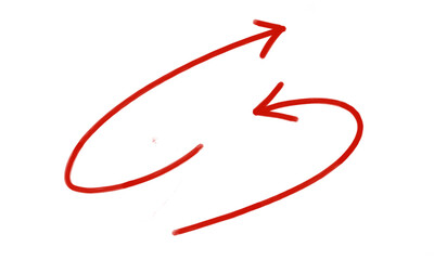 Curved red arrow hand drawn with brush on white background