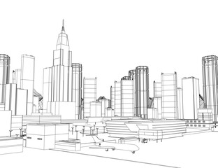 A black and white city skyline with skyscrapers and an airplane flying overhead, set against a stark white background near a runway.