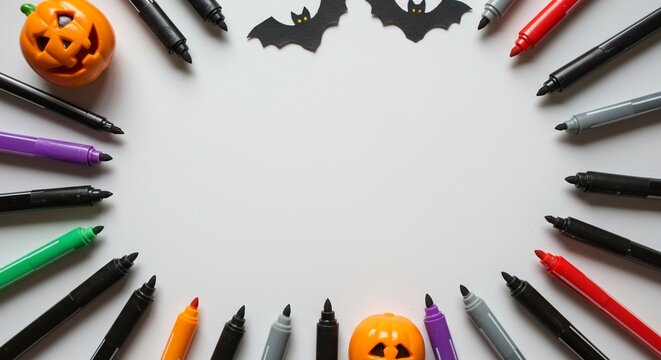 Halloween themed flat lay with markers and decorations forming a frame on white background. - Powered by Adobe