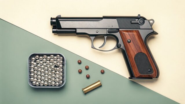 Handgun with ammunition and pellets on a two-tone surface