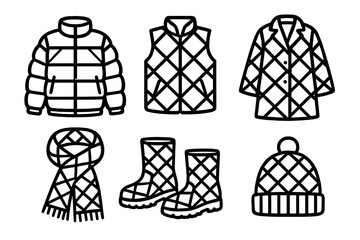 Quilted Clothing outline icon set: puffer jacket, vest, coat, scarf, boots, hat.