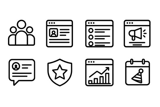 Digital Community Hub outline icon set: user avatars, forum thread, activity feed, announcement banner, comment section, team badge, insights dashboard, event icon.