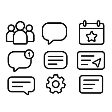 Community Chatroom outline icon set: multiple avatars, discussion bubble, topic tag, event icon, unread badge, text input bar, group settings, chat history.
