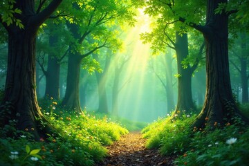 Magical Sun-Dappled Woodland Lush Green Undergrowth and Filtering Sunlight Create a Fantasy Forest Scene Perfect for Fairytale and Nature Themes