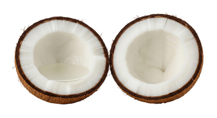 Fresh tropical coconut fruit halves isolated on white background showing natural texture and organic healthy food concept