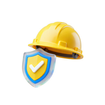 3D Rendered Yellow Hard Hat with Shield and Checkmark for Construction Safety Concept