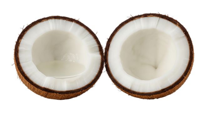 Fresh tropical coconut fruit halves isolated on white background showing natural texture and organic healthy food concept
