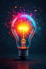 Vibrant Colorful Ideas Exploding from Lightbulb on Dark Background; Creative Inspiration, Brainstorming, Innovation Concept