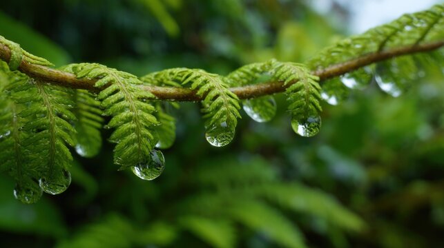 Close-up of a fern frond with water droplets hanging from the edges of the leaves