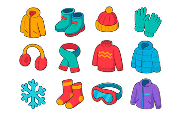 Fototapeta premium Snow Day Looks flat isometric set: parka, snow boots, knit hat, gloves, earmuffs, scarf, wool sweater, puffer coat, snowflake, socks, goggles, jacket.