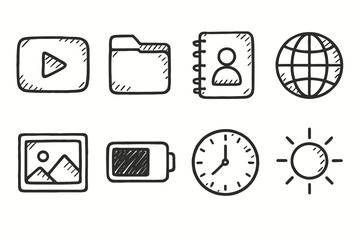 Obraz premium App Icons set of icons in doodle hand-drawn vector style: video player, file folder, contact book, globe browser, photo frame, battery icon, clock face, weather sun.