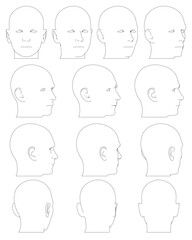 Realistic male head character set with diverse facial expressions and various human head shapes. This line drawing collection is perfect for character design reference.