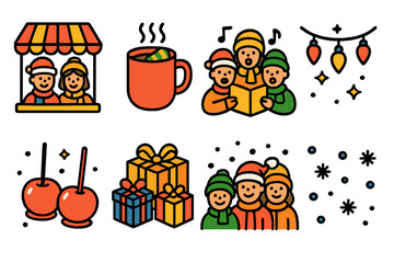 Festive Market Joy &mdash; cheerful outline icons flat isometric set: smiling vendors, steaming cocoa, twinkling lights, carol singers, candy apples, wrapped gifts, merry crowd, snowfall