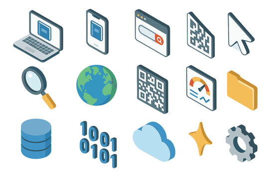 Digital Encyclopedia set icons in modern isometric flat vector style: laptop, smartphone, app window, cursor, search icon, globe, QR code, dashboard, database, binary code, cloud,