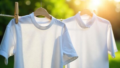Crisp White Shirts Air Drying in Sunlight Fresh Laundry on Clothesline, Clean and Bright Household Scene
