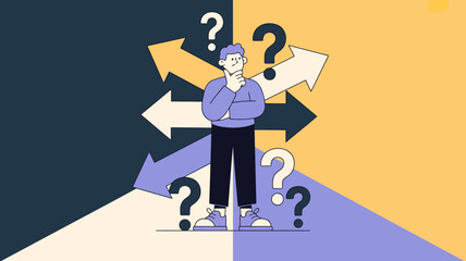 Confused person standing at a crossroads with multiple arrows pointing in different directions and question marks symbolizing uncertainty and decision making