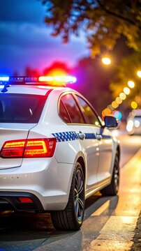 White patrol car sits illuminated with red and blue emergency lights on a city street at twilight, providing community safety