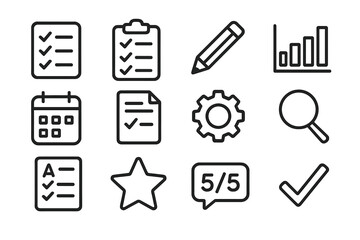 Assessment Tools outline icon set: checklist, clipboard, pencil, chart, calendar, document, gear, magnifying glass, test sheet, star, score bubble, checkmark. , , High resolution,