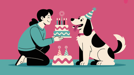 Happy dog wearing a party hat receives a birthday cake from a person celebrating a special pet occasion