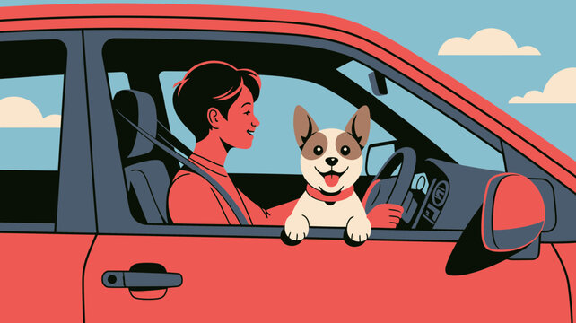 Joyful dog with owner in car window enjoying a scenic road trip adventure on a sunny day