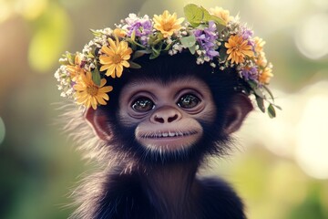 Fototapeta premium Cute baby animal hanuman langur wearing fierce flower wreath on its head. Summer happiness. Sunny daylight. Animal enjoying summer serenity. Blossoming wilderness and animals.