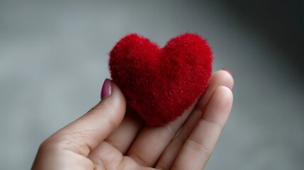 Fototapeta premium A hand gently holds a small soft red heart symbolizing love and affection