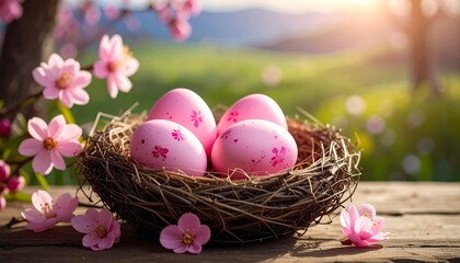 An artistic rendering depicts pastel pink eggs nestled within a rustic bird's nest. Cherry blossoms frame this spring scene in a sunny backdrop