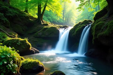 Serene Waterfall Cascading Through Lush Green Forest Breathtaking Nature Scene