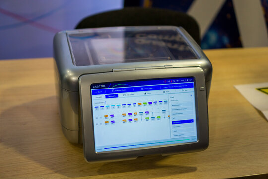 Bratislava, Slovakia, Europe - Oct 16, 2025: a castor device a compact quantum computer or technical testing unit with a touchscreen interface concept of quantum technology, science research, lab